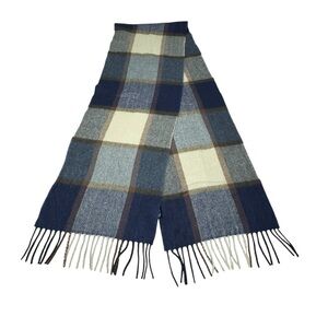 Tommy Hilfiger Wool Scarf Plaid Mens Blue Tan Fringed Warm Classic Casual 66”